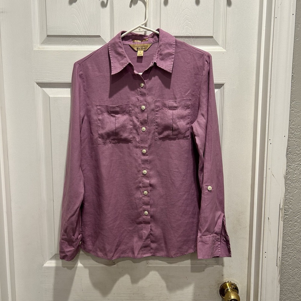 Investments Gold Label Womens 100% Linen Button Down Shirt Purple Sz 6‎ Long Slv